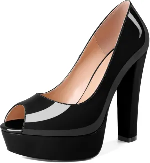 Women's High Heel Pumps Peep Toe Pump for Women Platform High Heels Chunky Block Heeled Shoes Sexy Dance Pumps 5.5 Inch Heel