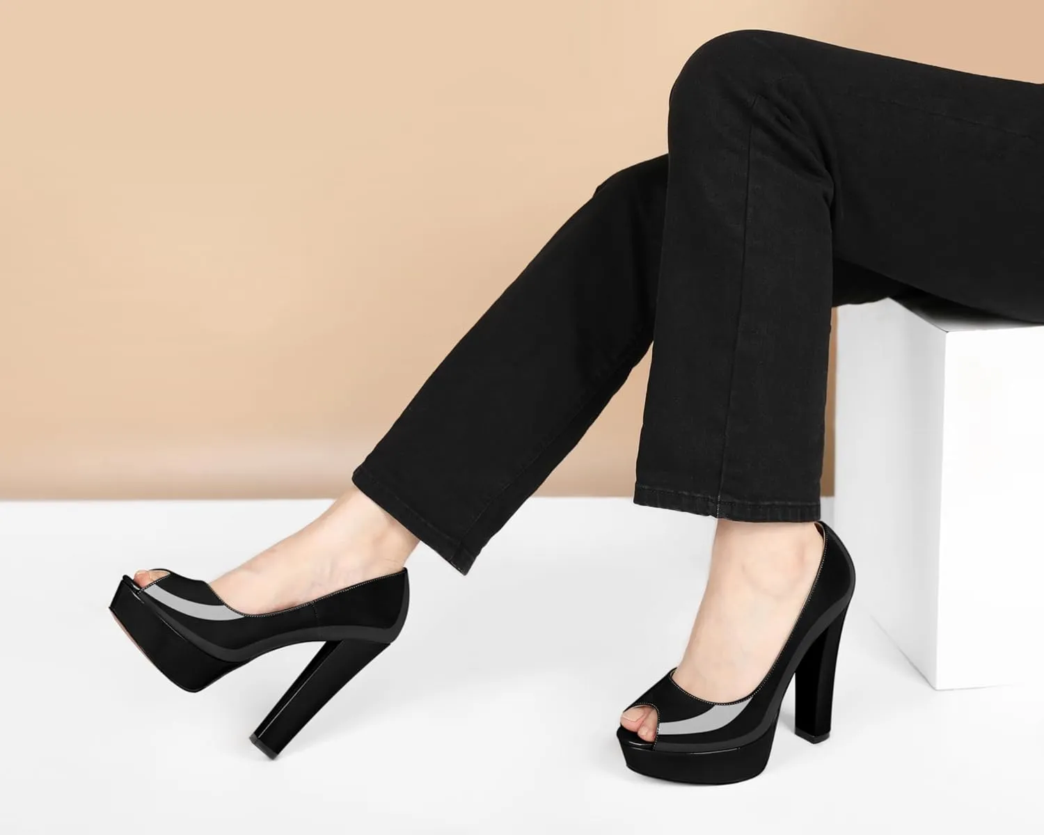 Women's High Heel Pumps Peep Toe Pump for Women Platform High Heels Chunky Block Heeled Shoes Sexy Dance Pumps 5.5 Inch Heel