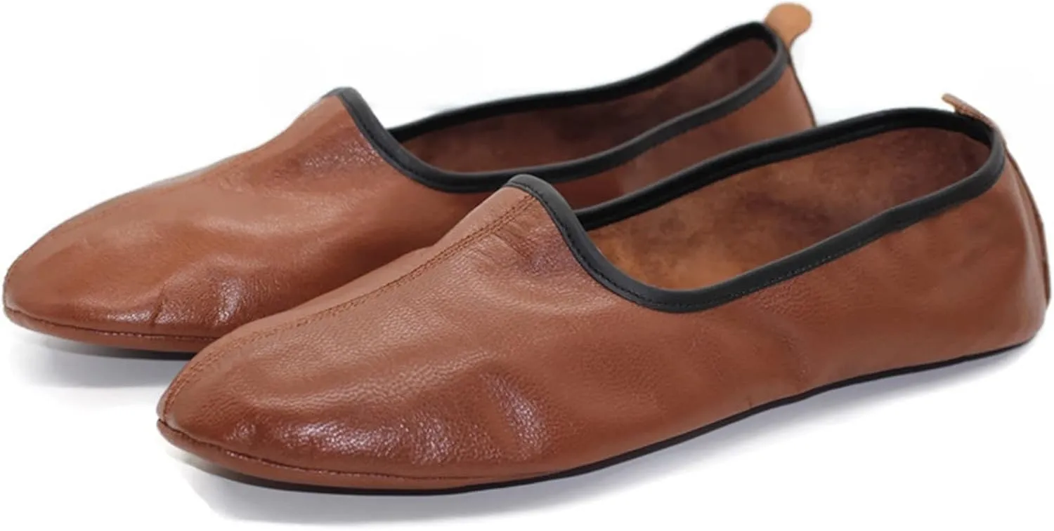 Women's Indoor Leather Slippers Brown Traditional Babouche House Shoes Moccasin