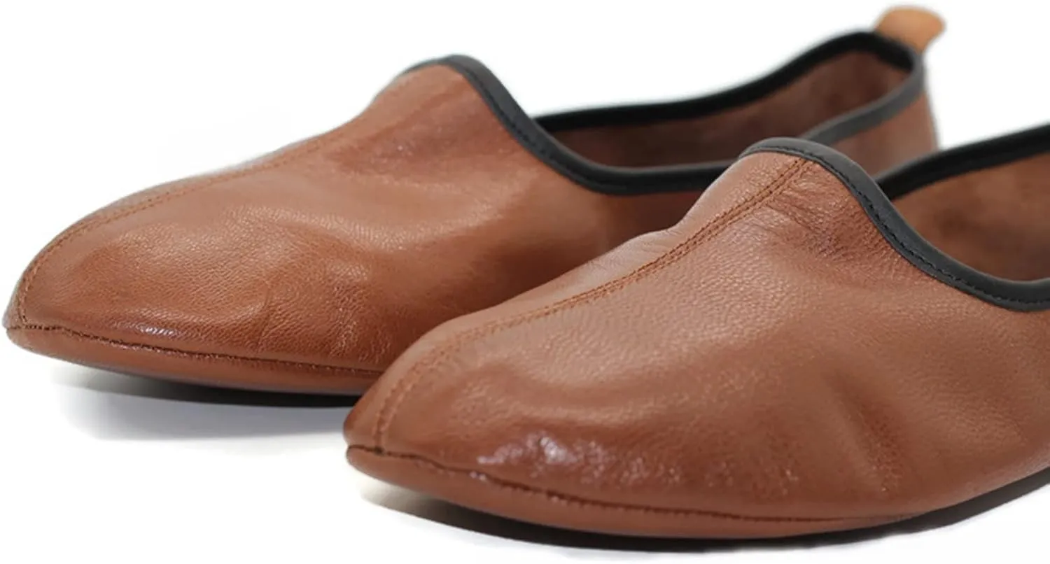 Women's Indoor Leather Slippers Brown Traditional Babouche House Shoes Moccasin