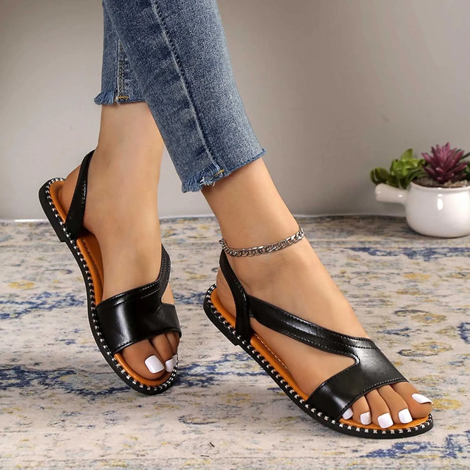 Women's Irregular Strappy Summer Sandals Flat Open Toe Slingback Shoe Casual Comfy Spring Sandal Solid Stretch Flats