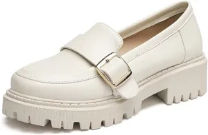 Women's Leather Chunky Lug Sole Monk Buckle Loafers Retro Round Toe Block-Heeled Comfortable Platform-Heightened Slip-On Casual Formal Shoes for Work,Parties,Dress