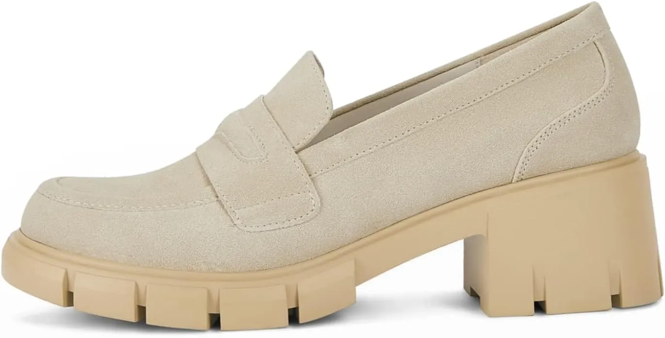 Womens Platform Loafers Chunky Heel Penny Loafer Lug Sole Slip On Round Toe Comfort Dress Work Shoes