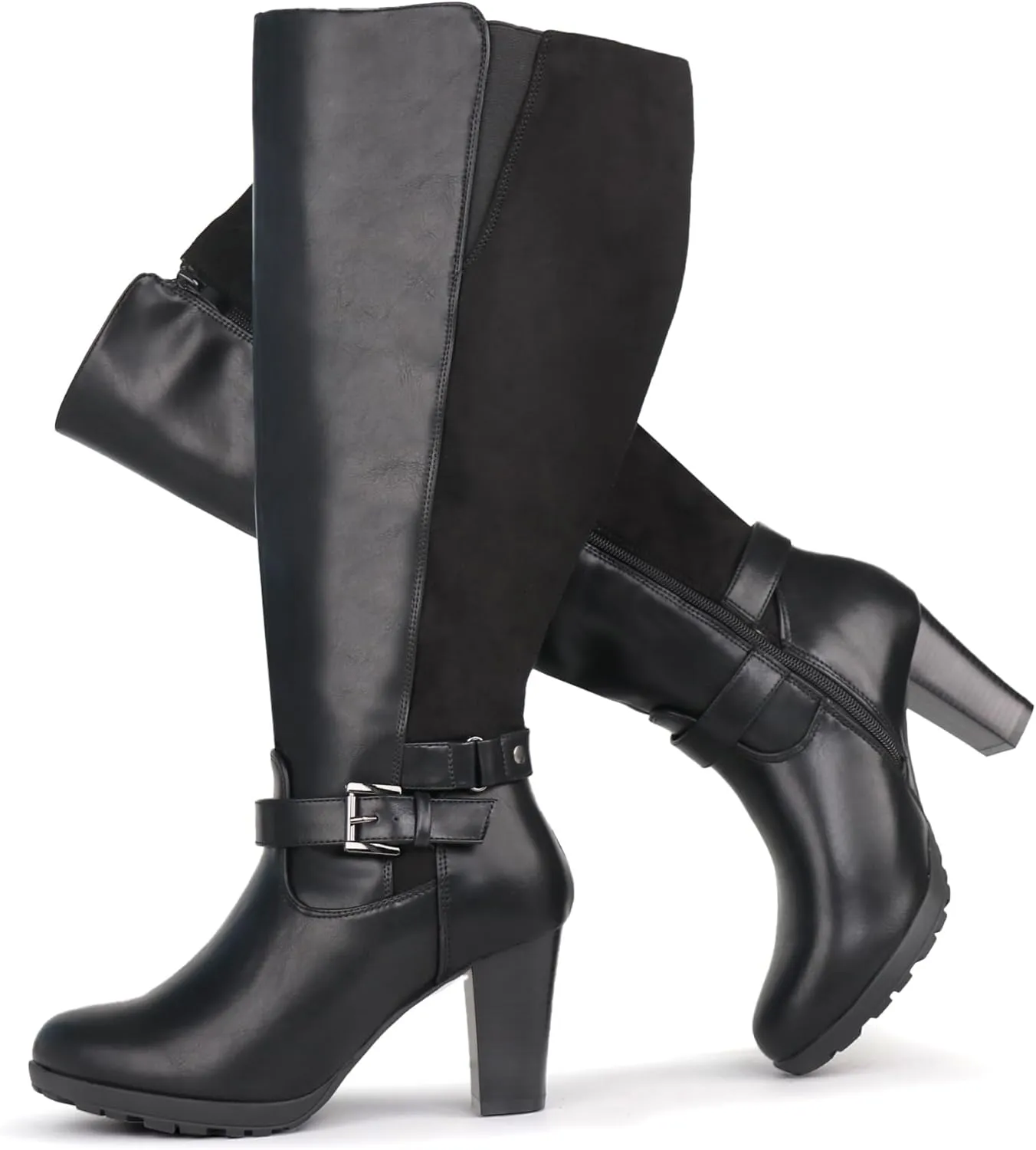 Women's Plus Size Extra Wide Calf High Heel Dress Boots with Ankle Buckle