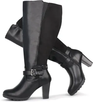 Women's Plus Size Extra Wide Calf High Heel Dress Boots with Ankle Buckle