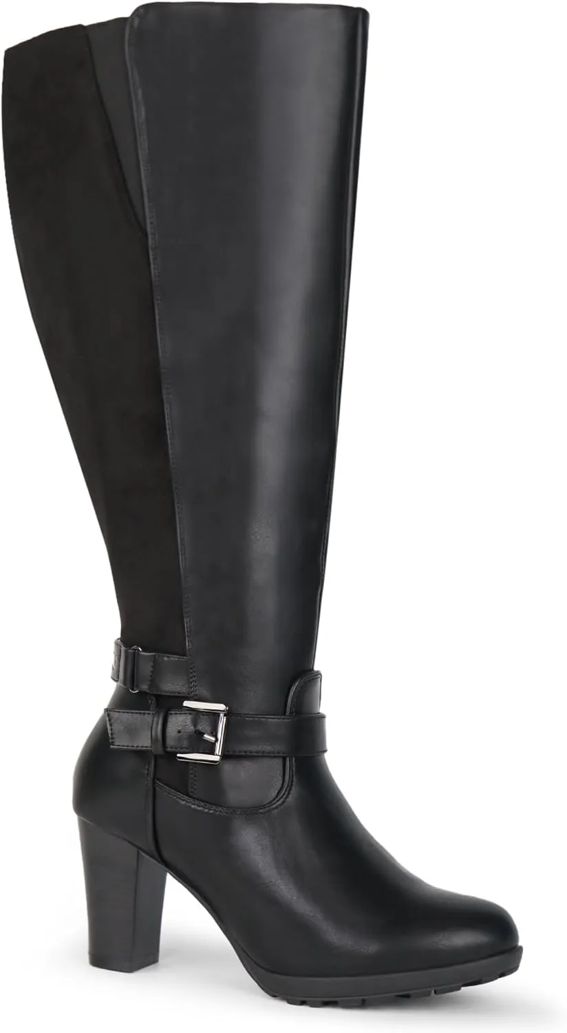 Women's Plus Size Extra Wide Calf High Heel Dress Boots with Ankle Buckle