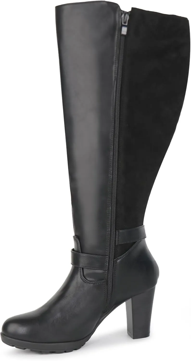 Women's Plus Size Extra Wide Calf High Heel Dress Boots with Ankle Buckle