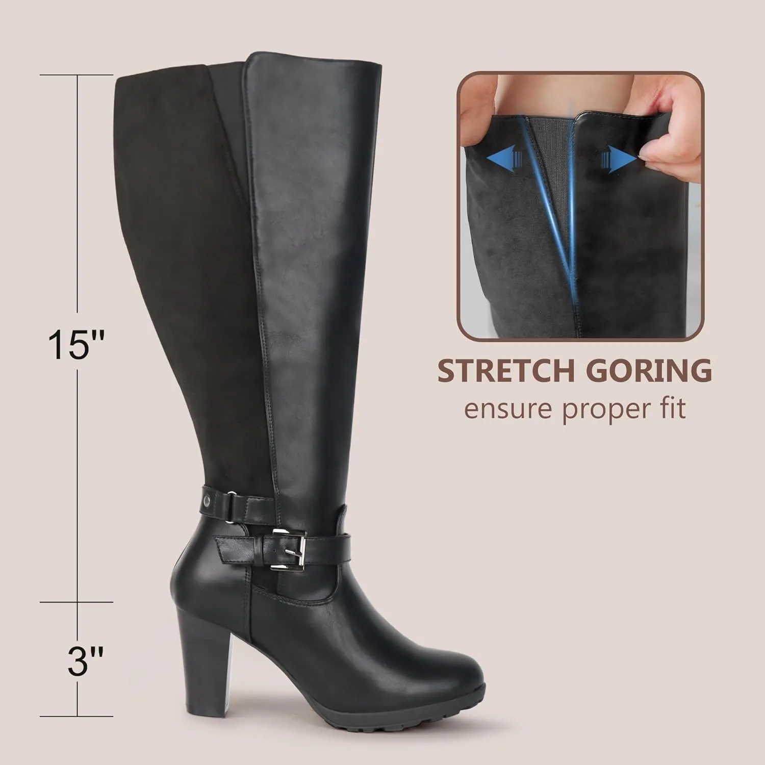 Women's Plus Size Extra Wide Calf High Heel Dress Boots with Ankle Buckle