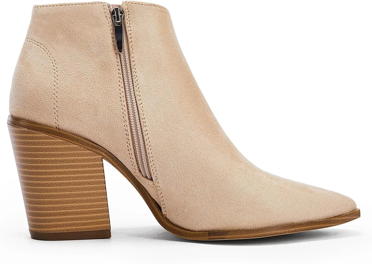 Womens Pointed Toe Ankle Boots Block Stacked Chunky Heel Cutout Side Zipper Fall Booties Shoe