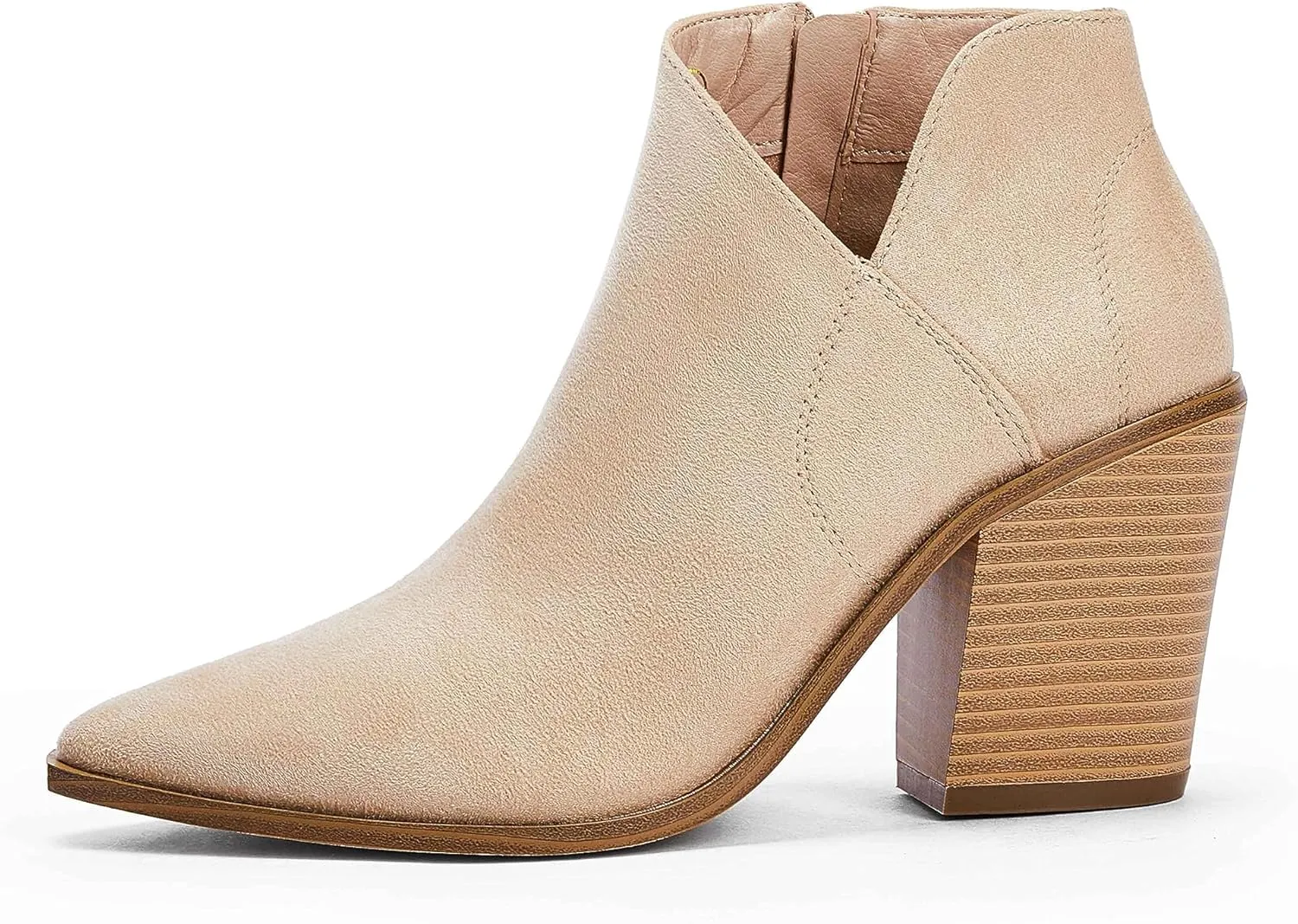 Womens Pointed Toe Ankle Boots Block Stacked Chunky Heel Cutout Side Zipper Fall Booties Shoe
