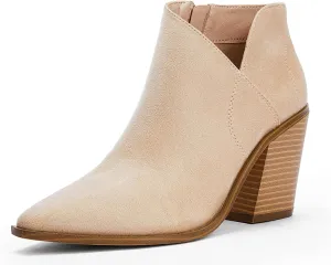 Womens Pointed Toe Ankle Boots Block Stacked Chunky Heel Cutout Side Zipper Fall Booties Shoe