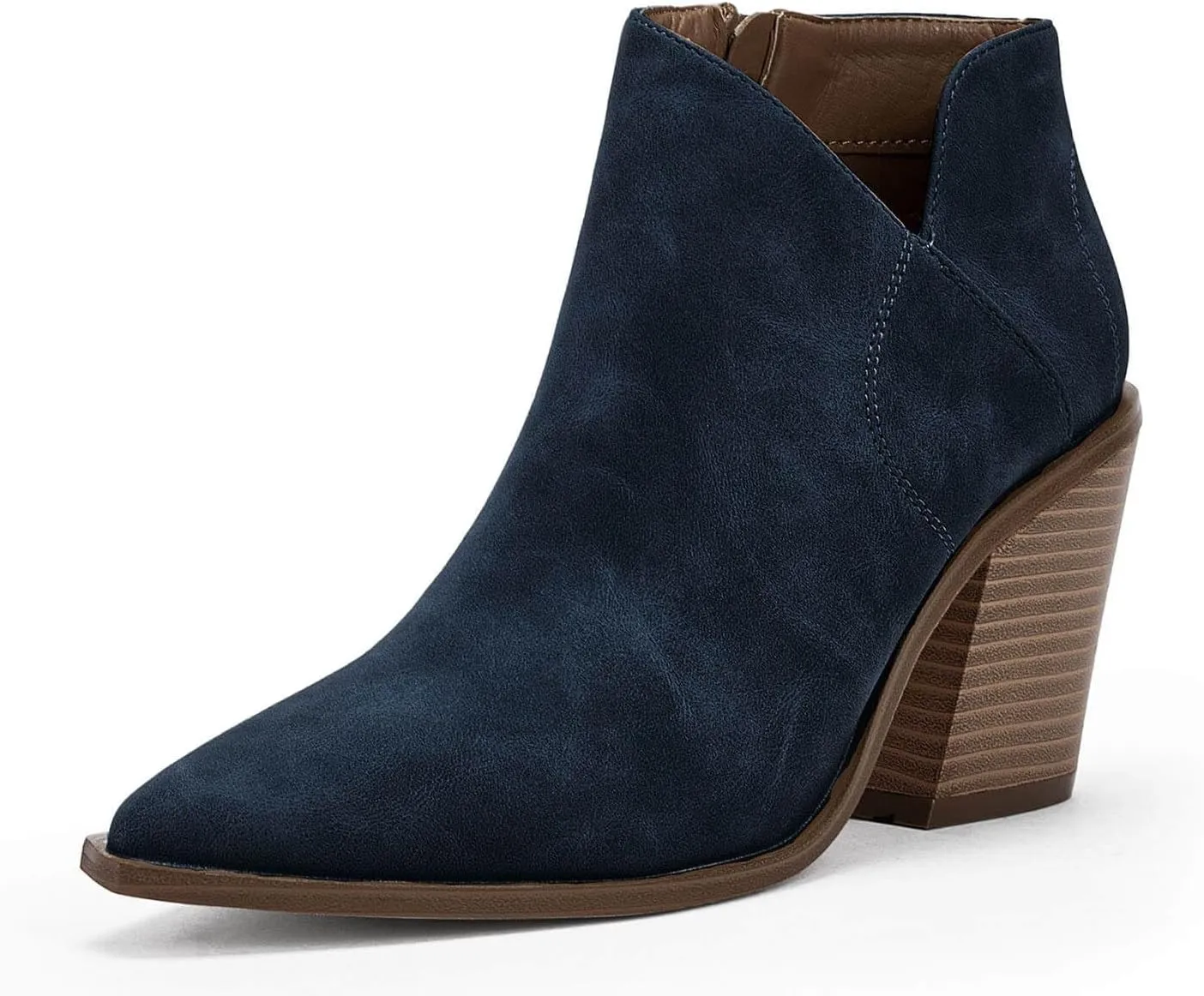 Womens Pointed Toe Ankle Boots Block Stacked Chunky Heel Cutout Side Zipper Fall Booties Shoe