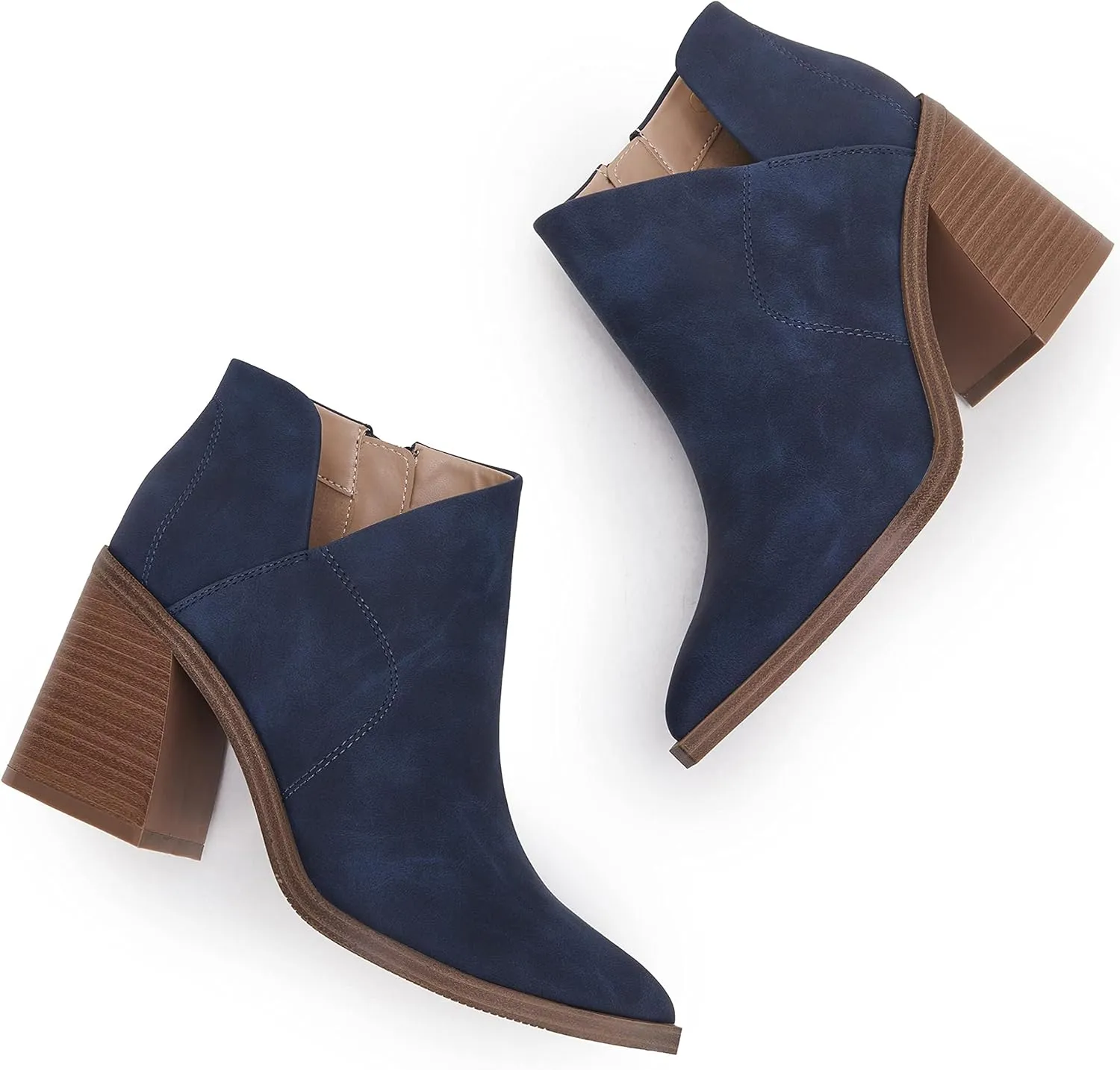 Womens Pointed Toe Ankle Boots Block Stacked Chunky Heel Cutout Side Zipper Fall Booties Shoe