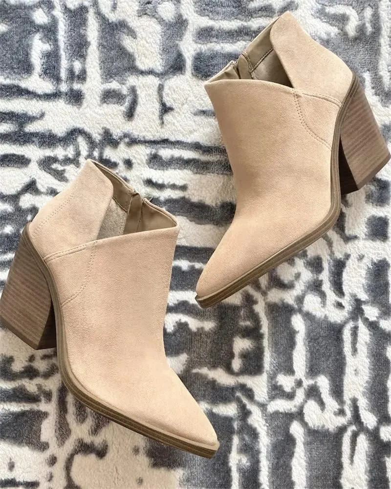 Womens Pointed Toe Ankle Boots Block Stacked Chunky Heel Cutout Side Zipper Fall Booties Shoe
