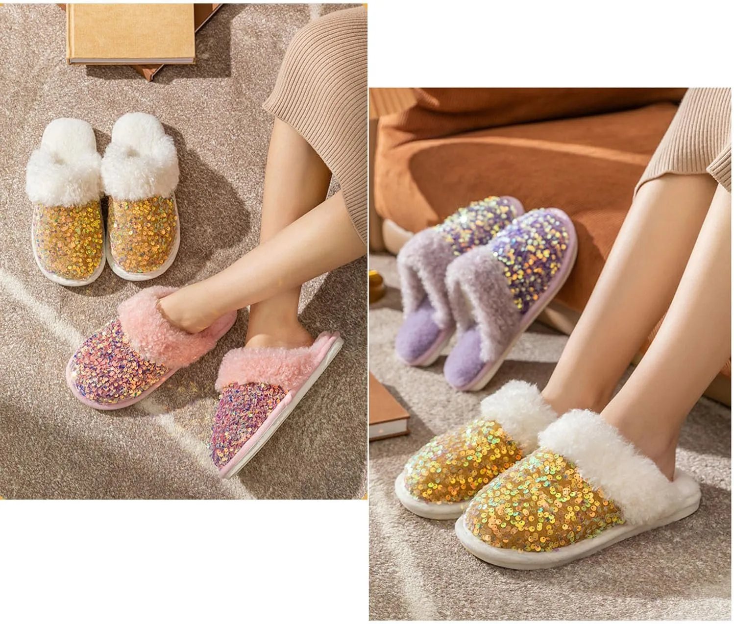Women's Sequin Slippers Fuzzy Sparkly Non-slip Memory Foam Ladies House Shoes Indoor And Outdoor Comfy Warm