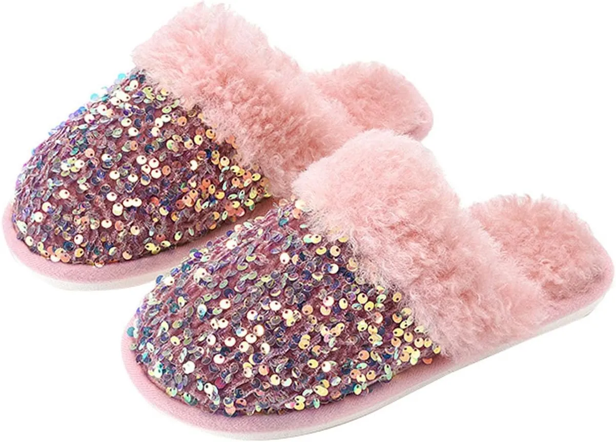 Women's Sequin Slippers Fuzzy Sparkly Non-slip Memory Foam Ladies House Shoes Indoor And Outdoor Comfy Warm