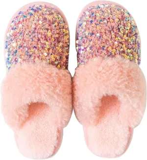 Women's Sequin Slippers Fuzzy Sparkly Non-slip Memory Foam Ladies House Shoes Indoor And Outdoor Comfy Warm