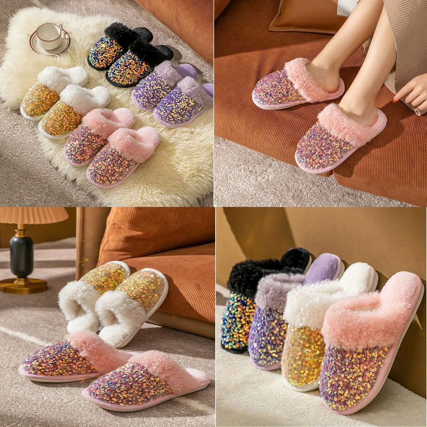 Women's Sequin Slippers Fuzzy Sparkly Non-slip Memory Foam Ladies House Shoes Indoor And Outdoor Comfy Warm