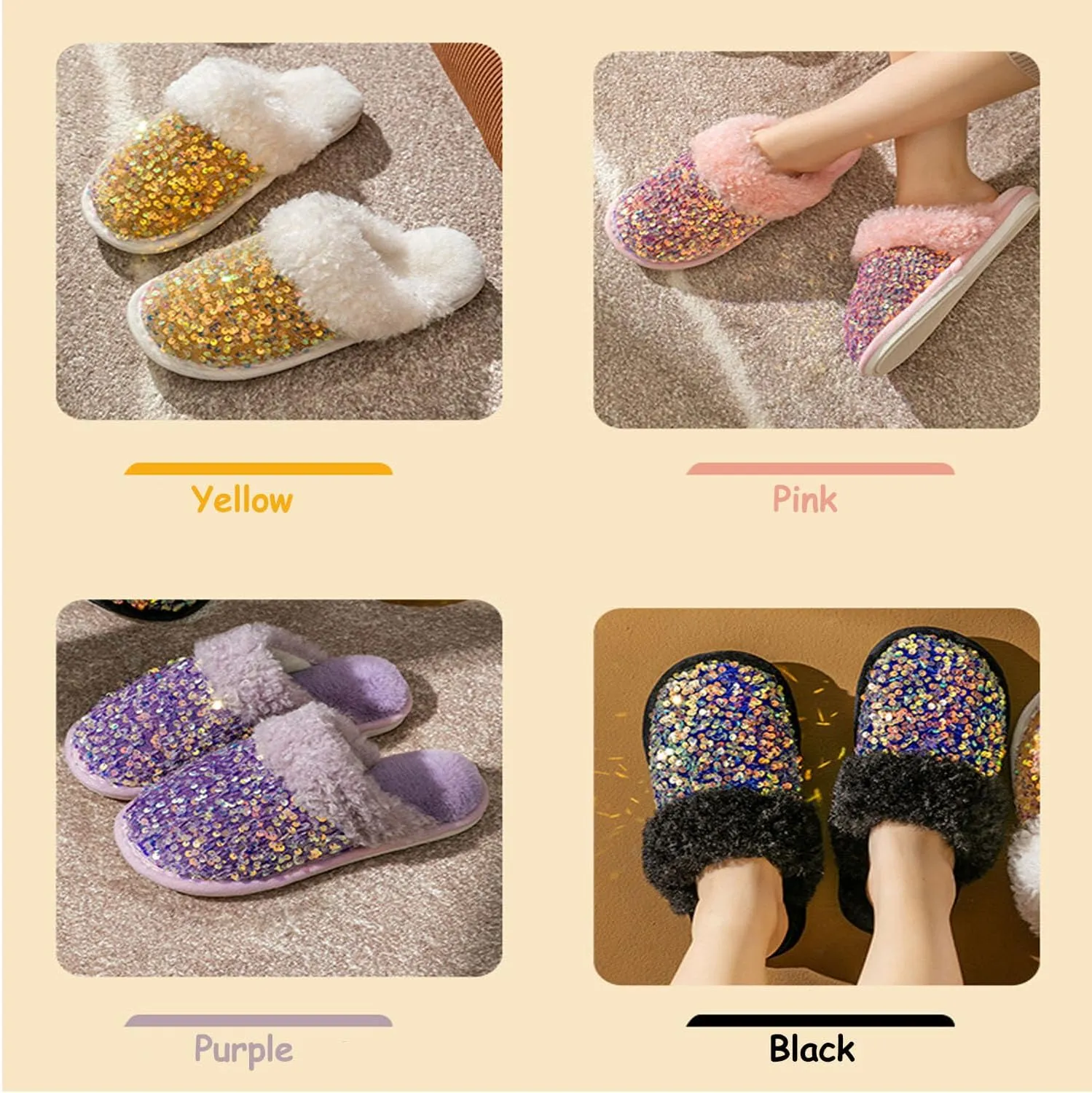 Women's Sequin Slippers Fuzzy Sparkly Non-slip Memory Foam Ladies House Shoes Indoor And Outdoor Comfy Warm