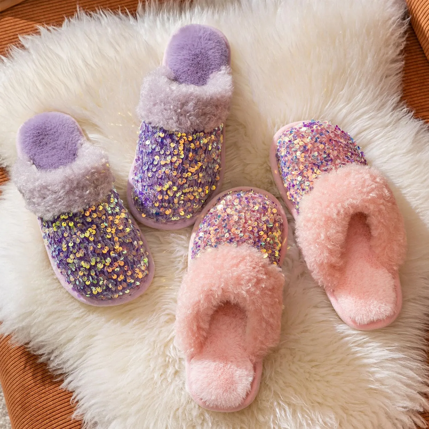 Women's Sequin Slippers Fuzzy Sparkly Non-slip Memory Foam Ladies House Shoes Indoor And Outdoor Comfy Warm