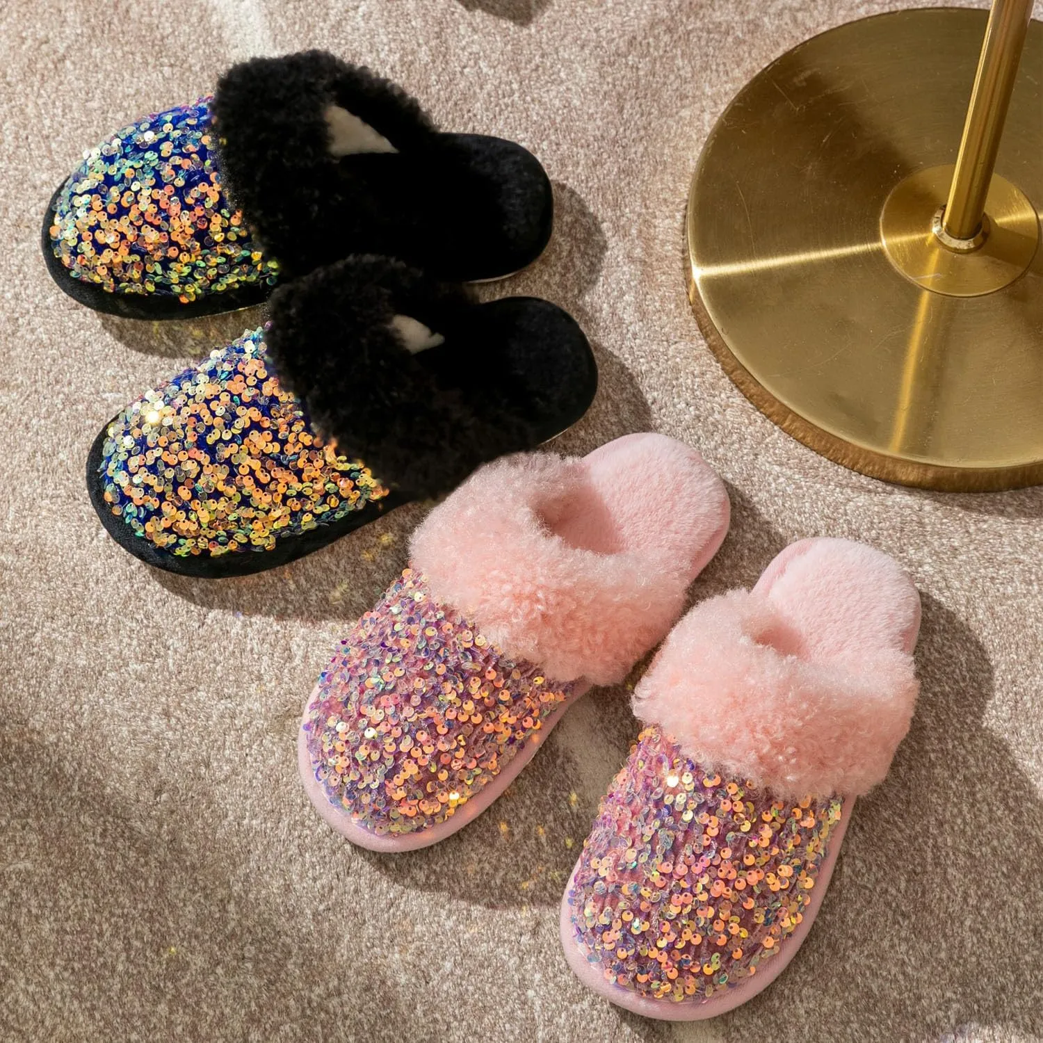 Women's Sequin Slippers Fuzzy Sparkly Non-slip Memory Foam Ladies House Shoes Indoor And Outdoor Comfy Warm