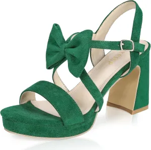 WSKEISP Women's Bow Knot Platform Heels Round Toe Chunky Block Heeled Sandals Comfortable Ankle Strap Wedding Party Dress Shoes