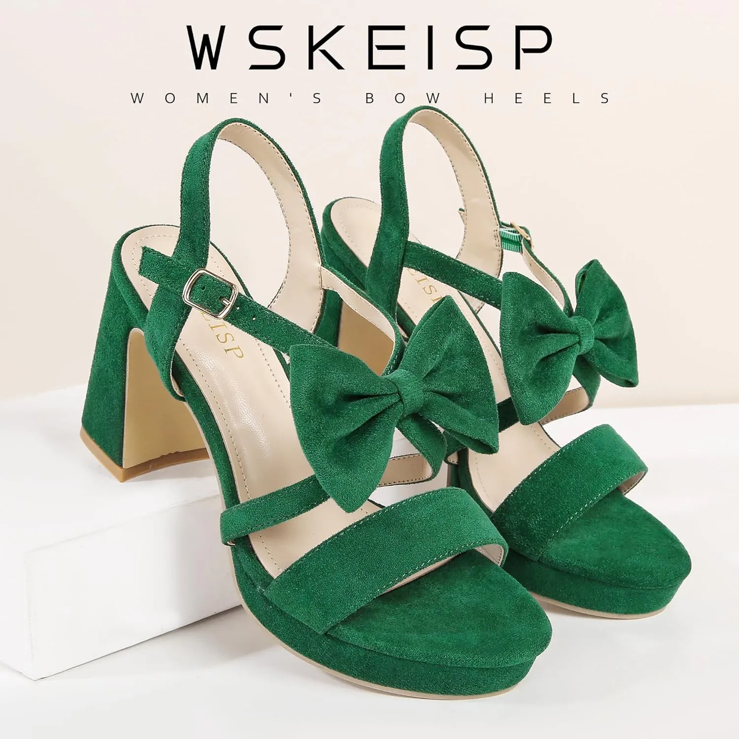 WSKEISP Women's Bow Knot Platform Heels Round Toe Chunky Block Heeled Sandals Comfortable Ankle Strap Wedding Party Dress Shoes
