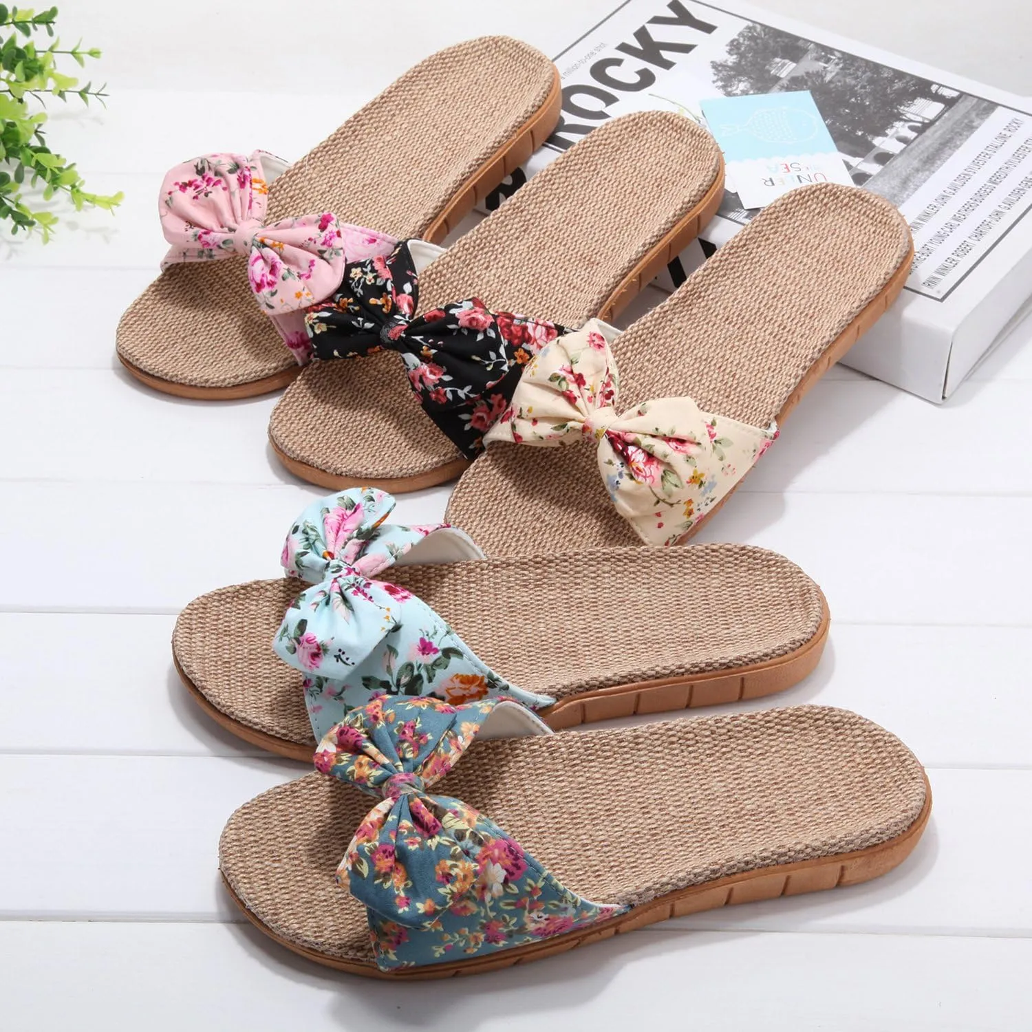 xsby Womens Cozy Indoor Cotton Flax Home Slippers Non-Slip Casual Sandals