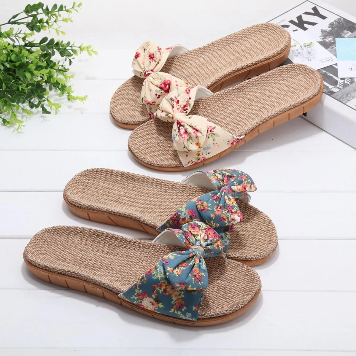 xsby Womens Cozy Indoor Cotton Flax Home Slippers Non-Slip Casual Sandals