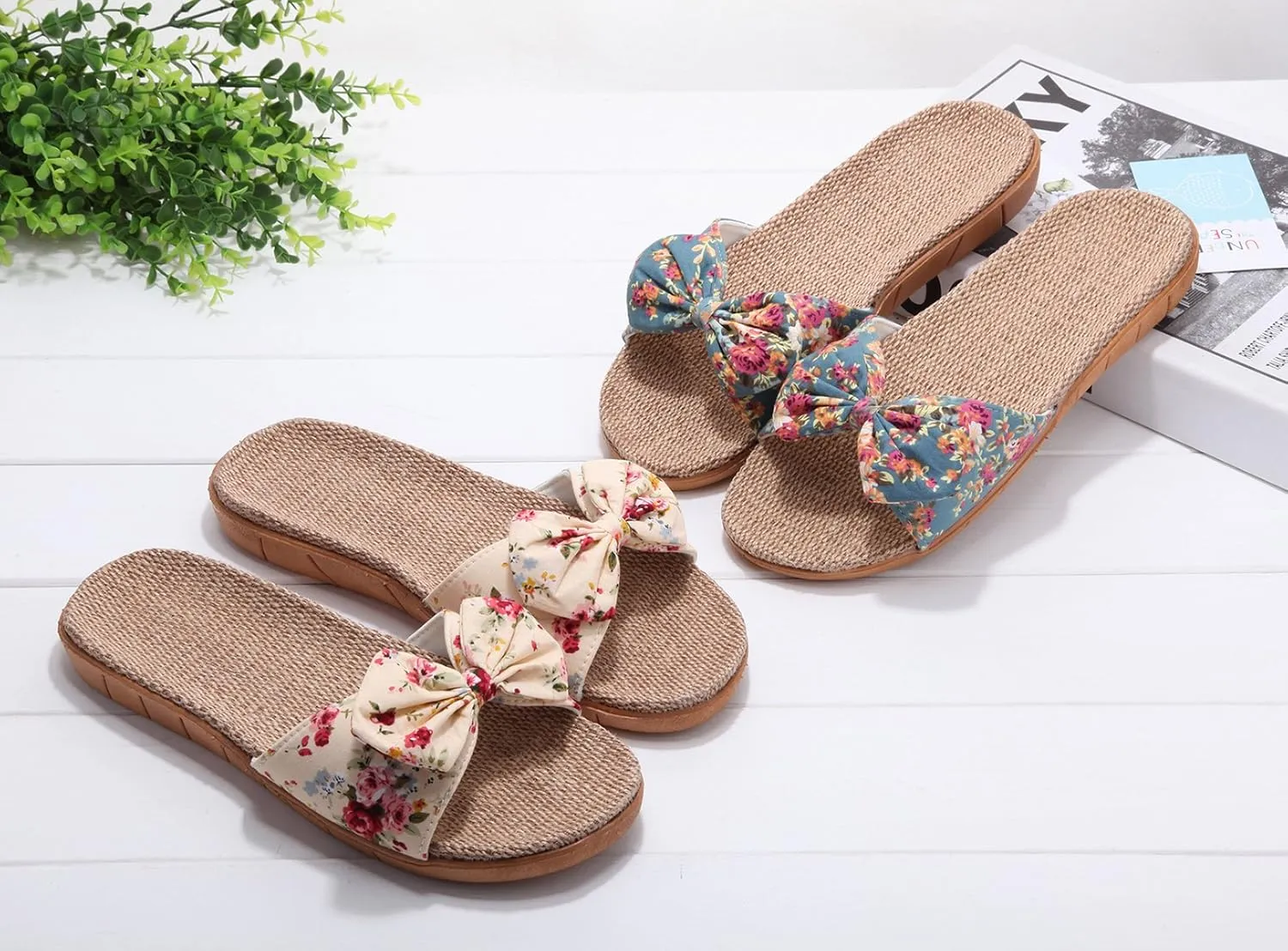 xsby Womens Cozy Indoor Cotton Flax Home Slippers Non-Slip Casual Sandals
