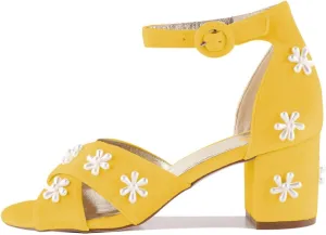 XYD Women Graceful Bloom Pearl Flower Bridal Sandals Ankle Strap Open Toe Chunky Low Heels Romantic Shoes