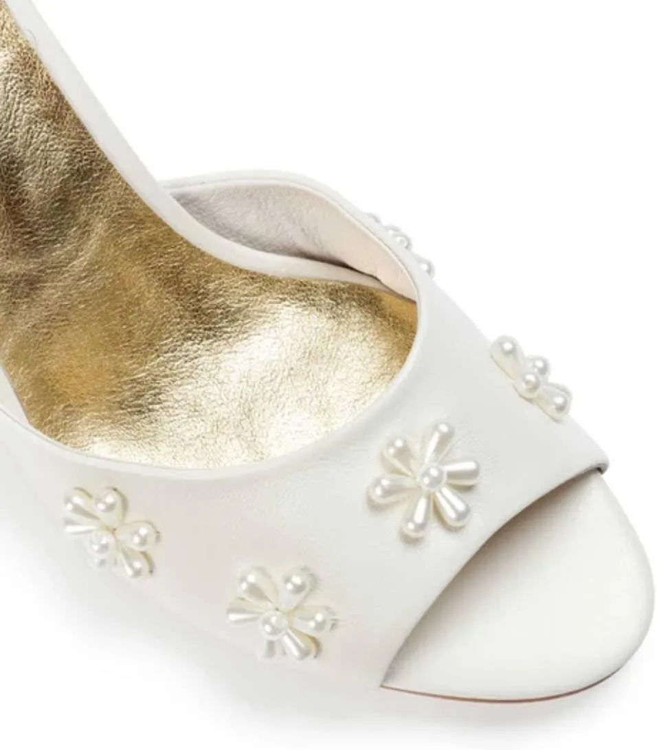 XYD Women Open Toe Sandals with Bloom Pearl Flower Ribbon Ankle Strap Chunky Block Heel Wedding Bridal Shoes