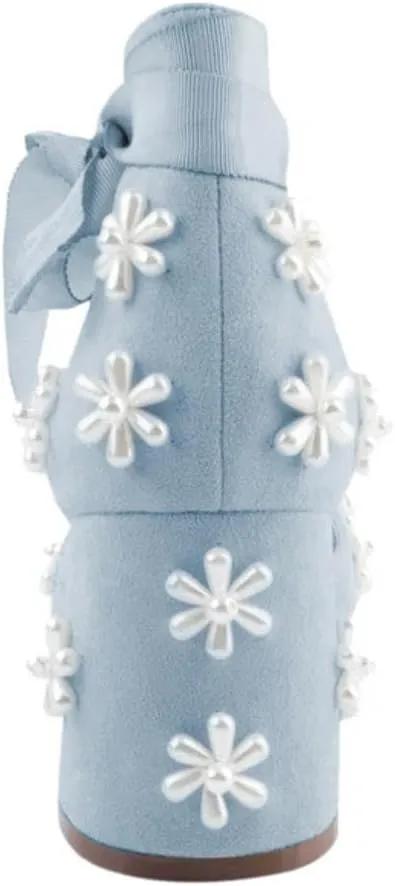 XYD Women Open Toe Sandals with Bloom Pearl Flower Ribbon Ankle Strap Chunky Block Heel Wedding Bridal Shoes