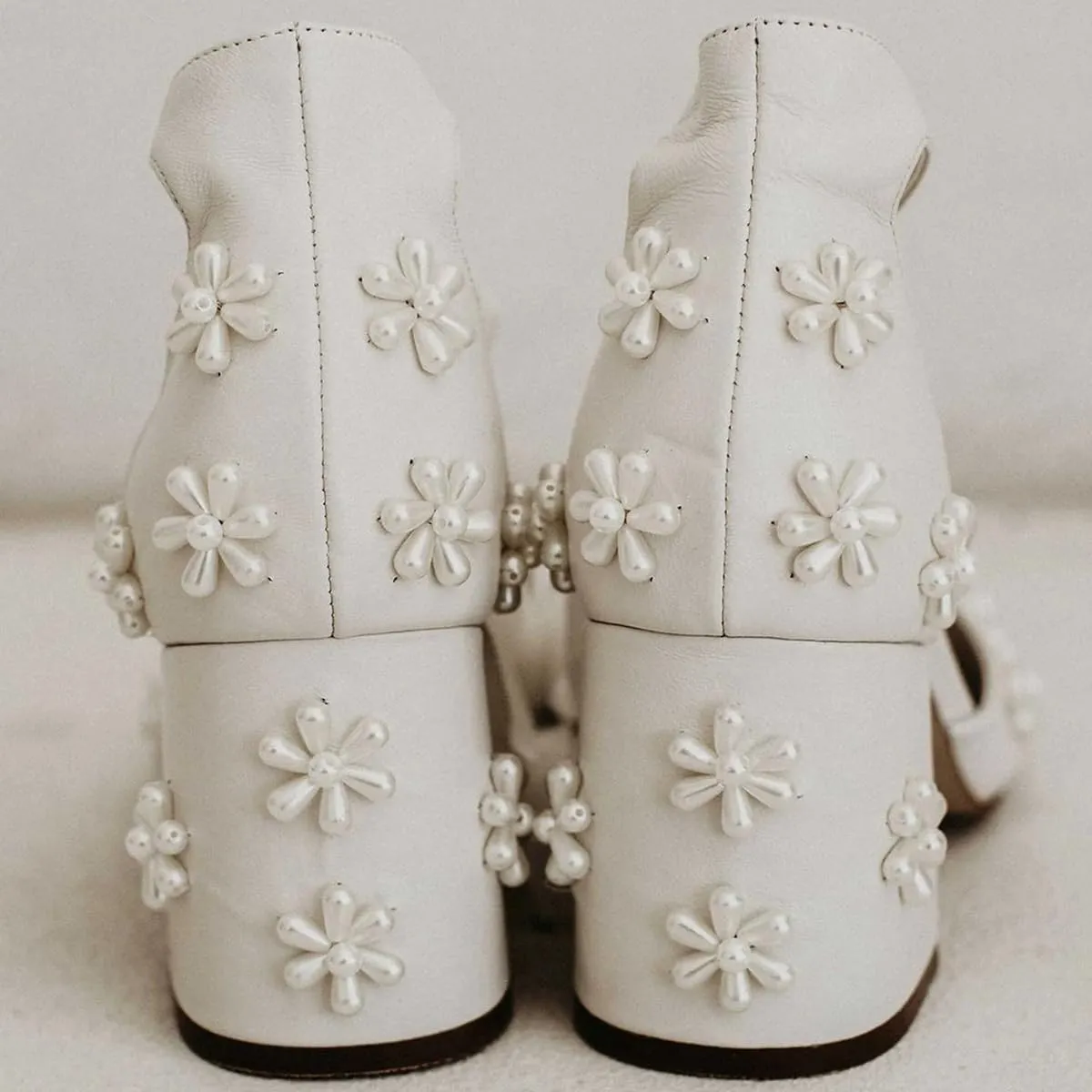XYD Women Open Toe Sandals with Bloom Pearl Flower Ribbon Ankle Strap Chunky Block Heel Wedding Bridal Shoes