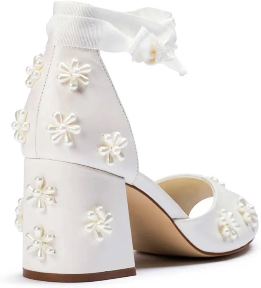 XYD Women Open Toe Sandals with Bloom Pearl Flower Ribbon Ankle Strap Chunky Block Heel Wedding Bridal Shoes