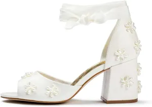 XYD Women Open Toe Sandals with Bloom Pearl Flower Ribbon Ankle Strap Chunky Block Heel Wedding Bridal Shoes