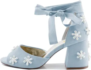 XYD Women Open Toe Sandals with Bloom Pearl Flower Ribbon Ankle Strap Chunky Block Heel Wedding Bridal Shoes