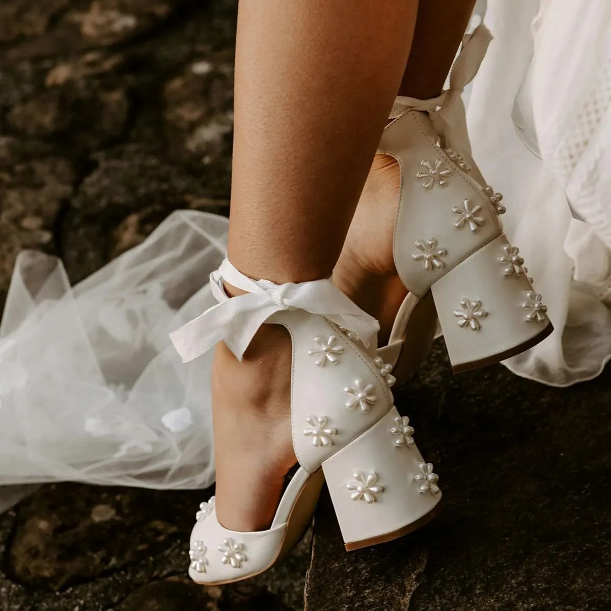 XYD Women Open Toe Sandals with Bloom Pearl Flower Ribbon Ankle Strap Chunky Block Heel Wedding Bridal Shoes