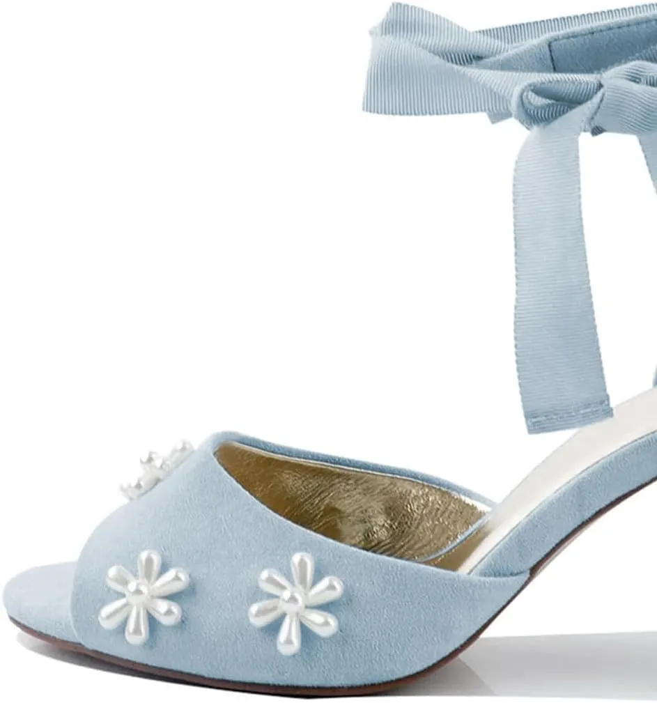 XYD Women Open Toe Sandals with Bloom Pearl Flower Ribbon Ankle Strap Chunky Block Heel Wedding Bridal Shoes