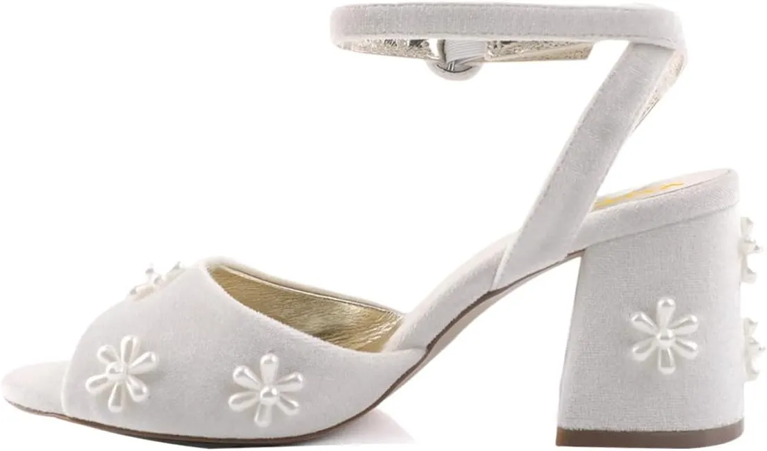 XYD Women Peep Toe Velvet Sandals Bloom Pearl Flower Ankle Strap Chunky Block Heel Wedding Bridal Shoes