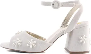 XYD Women Peep Toe Velvet Sandals Bloom Pearl Flower Ankle Strap Chunky Block Heel Wedding Bridal Shoes