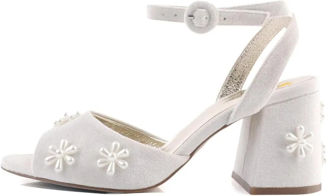 XYD Women Peep Toe Velvet Sandals Bloom Pearl Flower Ankle Strap Chunky Block Heel Wedding Bridal Shoes