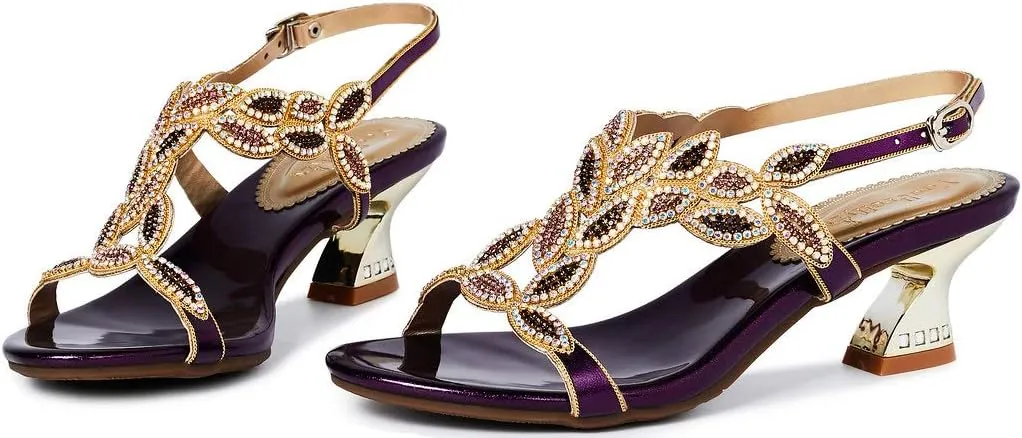 YooPrettyz Women Ankle Strap Evening Sandals Rhinestones Dress Sandals Chunky Heels