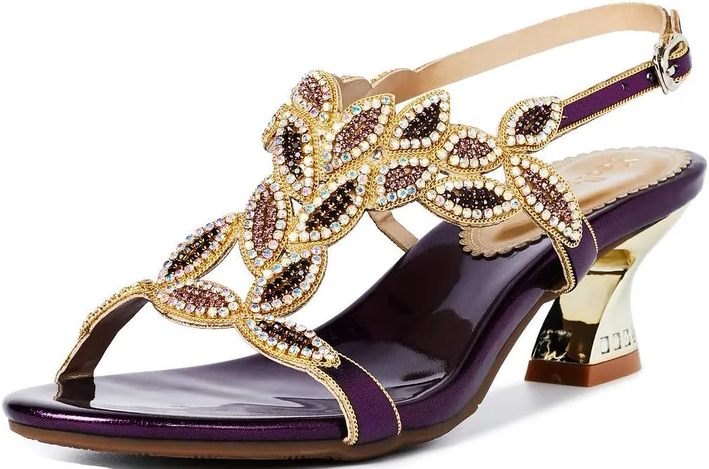 YooPrettyz Women Ankle Strap Evening Sandals Rhinestones Dress Sandals Chunky Heels