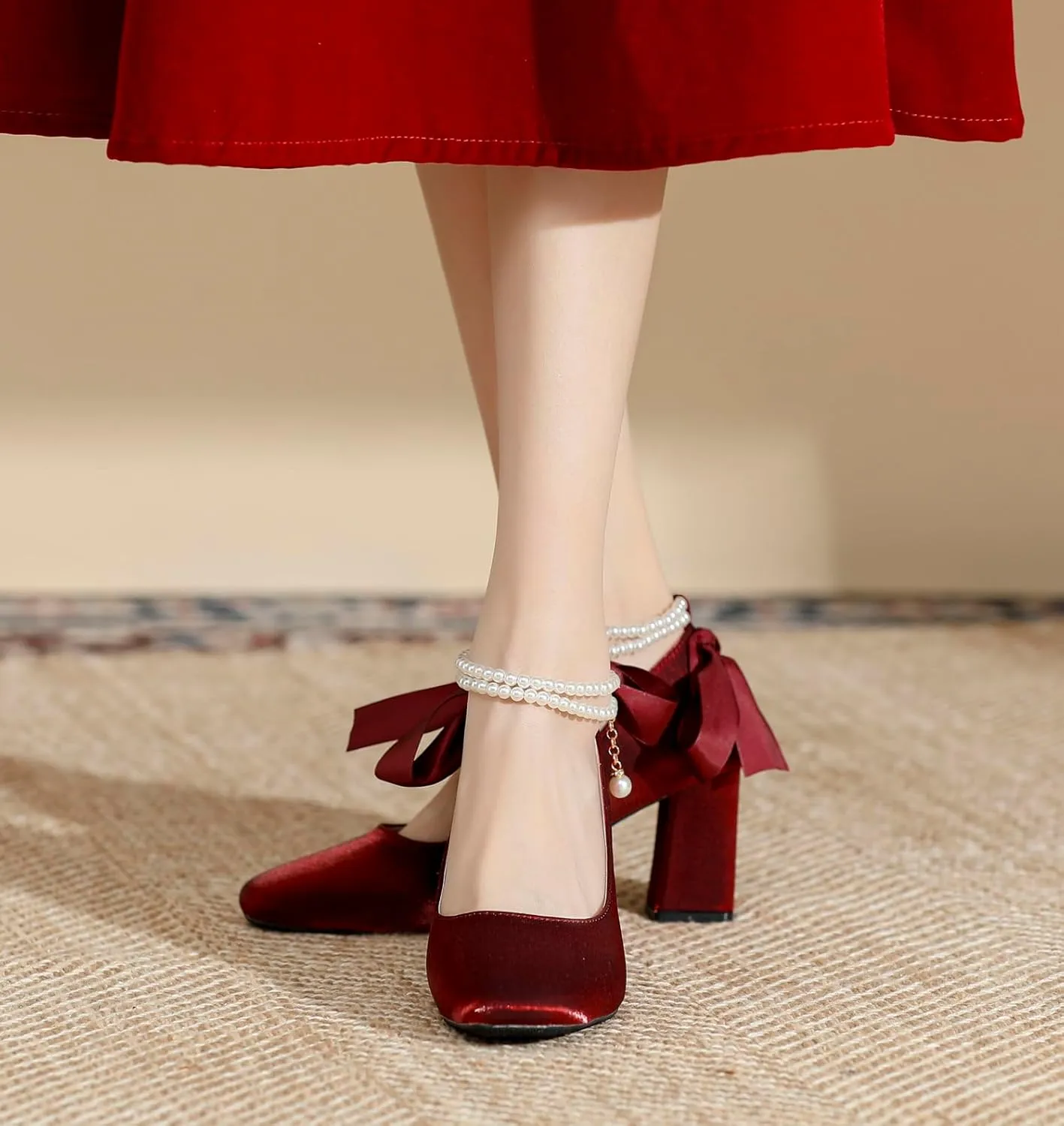 YooPrettyz Women Satin Wedding Pumps Pearl Straps Formal Dress Shoes Ribbons Evening Bridal Block Heels