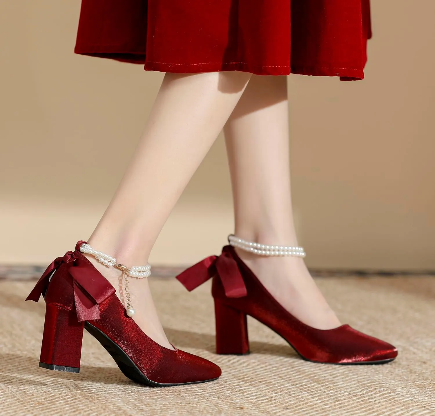 YooPrettyz Women Satin Wedding Pumps Pearl Straps Formal Dress Shoes Ribbons Evening Bridal Block Heels