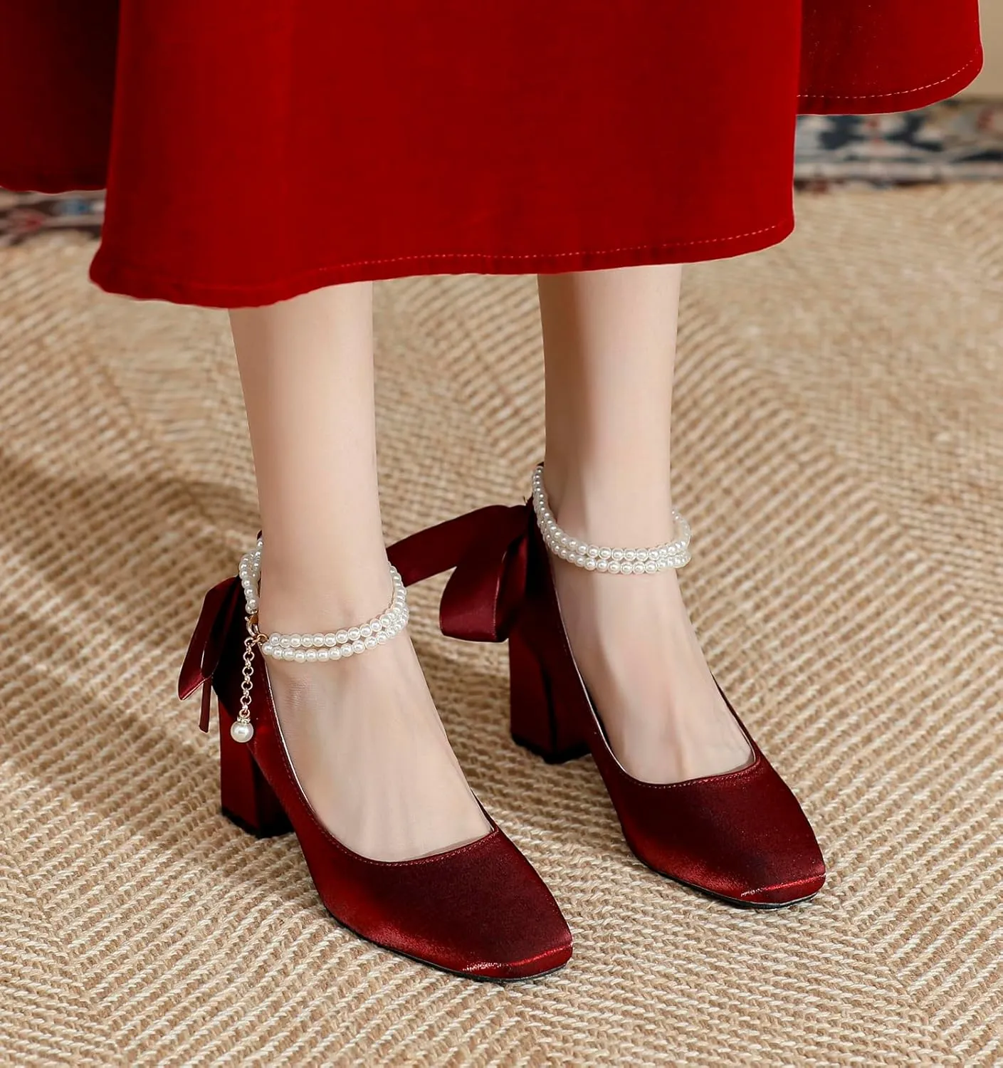 YooPrettyz Women Satin Wedding Pumps Pearl Straps Formal Dress Shoes Ribbons Evening Bridal Block Heels