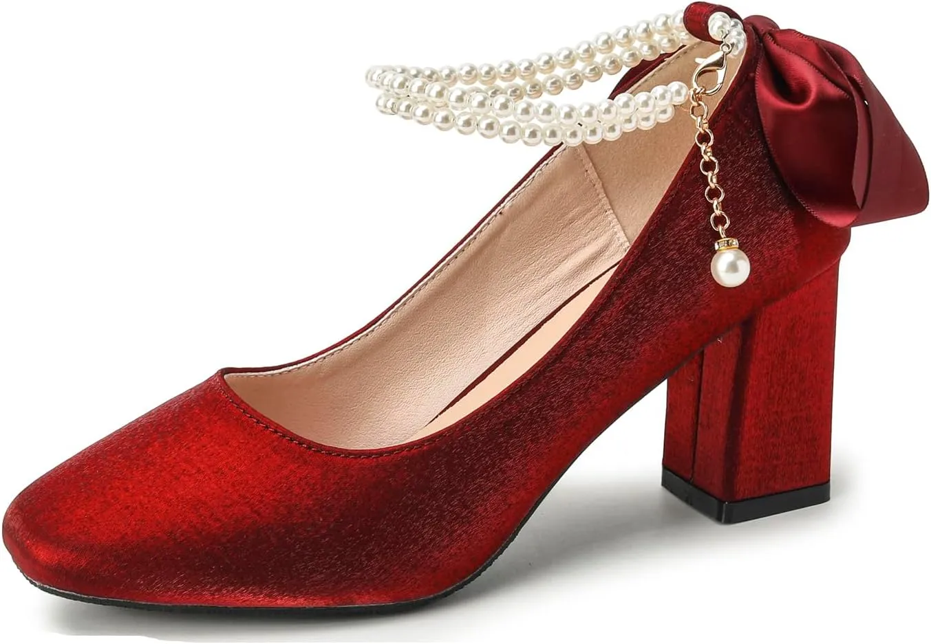 YooPrettyz Women Satin Wedding Pumps Pearl Straps Formal Dress Shoes Ribbons Evening Bridal Block Heels