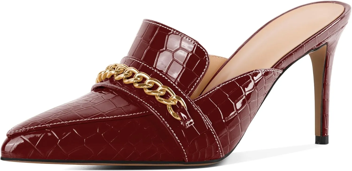 Zamikoo Women's Mule Heels Pointed Toe Slip On Stiletto High Heeled Mules with Gold Chain