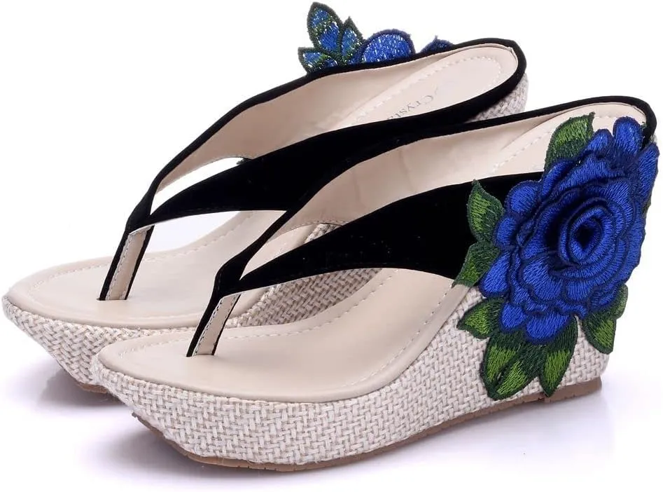 ZOOGEM Women's Embroidery Slides Wedge Sandals Hawaii Beach People Wedge Sandal Open Toe Bohemia Sandals Summer slippers (Black-blue,7)